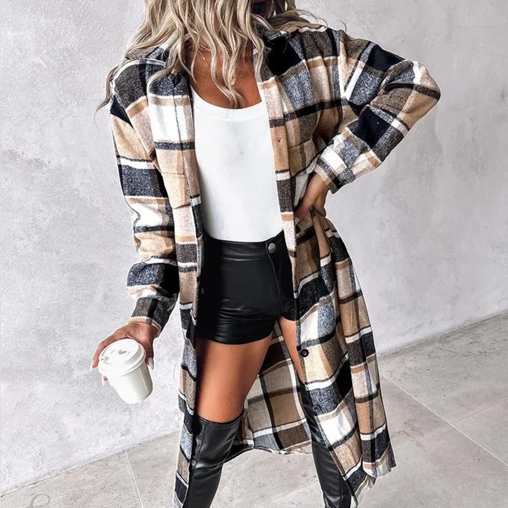 Plaid Longline Coat with Black and Tan oversized button shirt